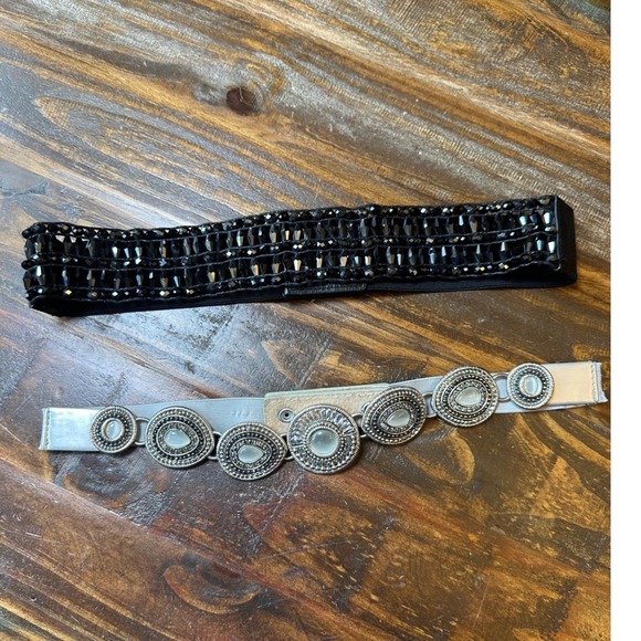 Source Unknown Accessories - Set of 2 Women Elastic Cinch Belts Black Beaded & Silver Medallion Boho Retro